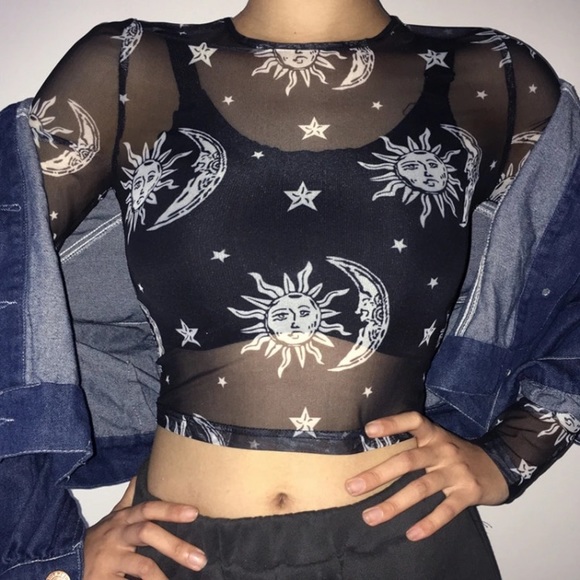 Punky Cosmic Sun Moon Sheer Mesh Crop Top - Picture 7 of 8